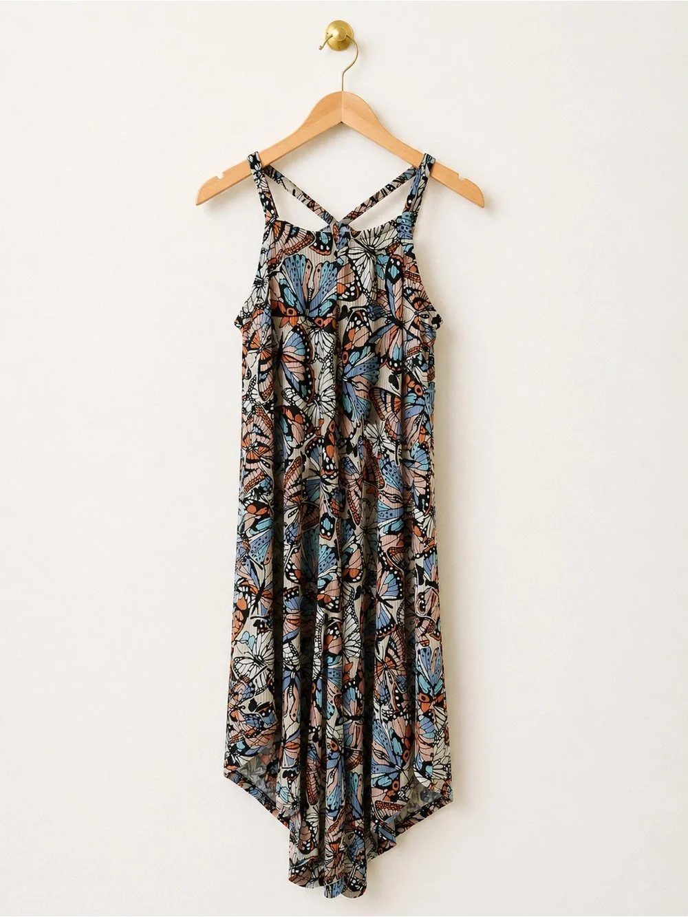 Butterfly Print High-Low Midi Dress | Size S | Crisscross Back | Boho